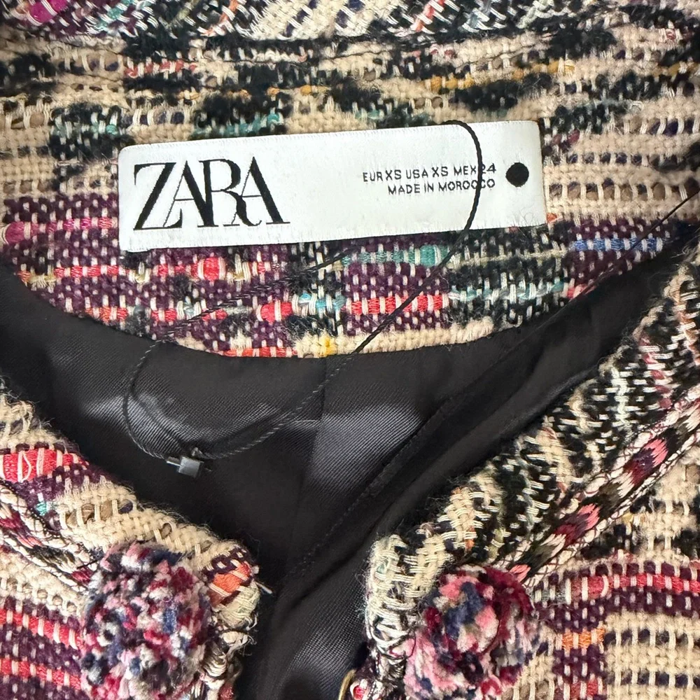 New  Zara Jacquard Jacket Wool Cotton Blend Round Collar Cropped Multicolor XS - Picture 4 of 11